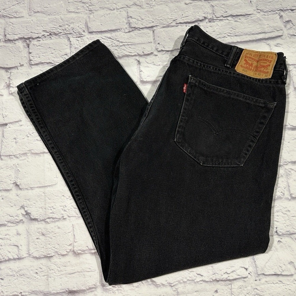 Levis Jeans Men 40x30 Black Denim Cotton 505 Regular Straight Mid Zip Dark Adult